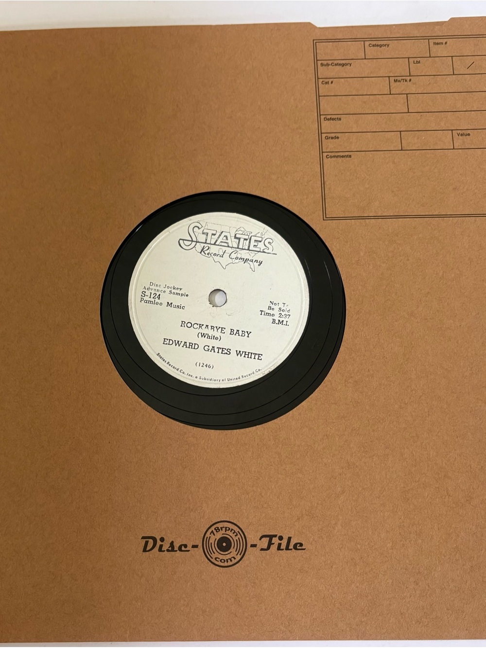 Edward Gates White Rockabye Baby 78 RPM 1953 States Record Company Promo R&B